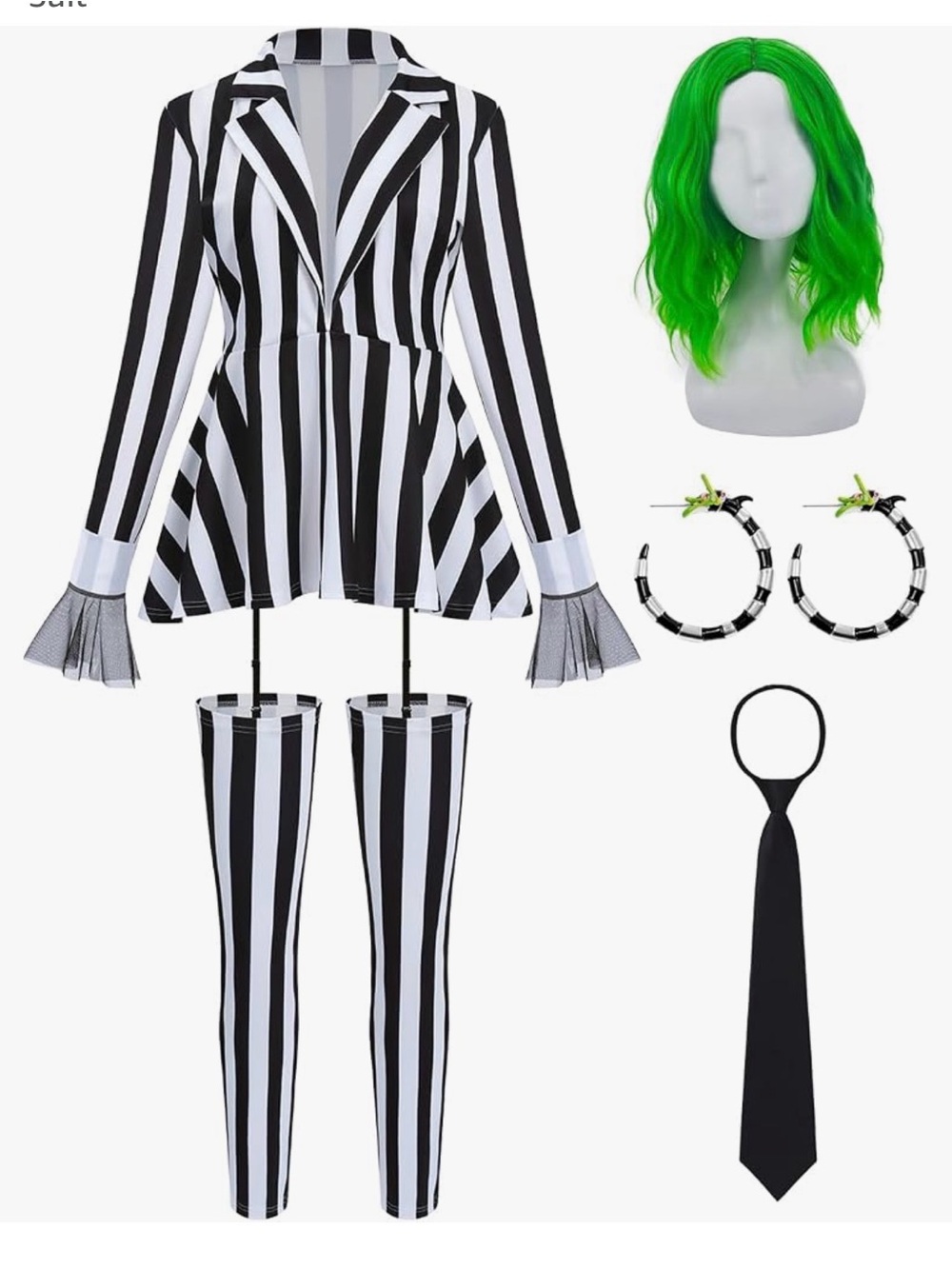 Women Black and White Striped Blazer with Legging Pants Tie Wig Earrings Hallowe